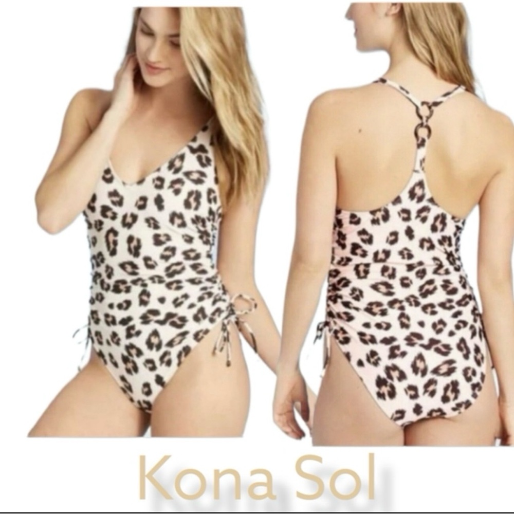 Kona Sol Leopard One Piece Swimsuit Women Size M Halter Ring Back Ruched‎ NEW